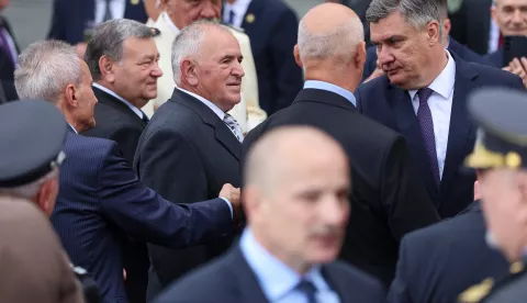 28.05.2025., Zagreb - Ured predsjednika Republike Hrvatske. Predsjednik Republike i vrhovni zapovjednik Oruzanih snaga Republike Hrvatske Zoran Milanovic uprilicio je svecani prijam u prigodi obiljezavanja i 34. obljetnice ustrojavanja Hrvatske vojske. Tim povodom Predsjednik Republike urucio je odlikovanja i promaknuca pripadnicima Oruzanih snaga Republike Hrvatske. Mladen Markač, Carlo Casini, Rahim Ademi i Zoran Milanovic Photo: Sanjin Strukic/PIXSELL