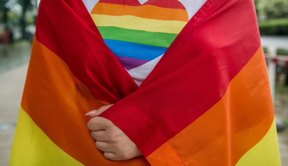 epa06871924 A participant wraped in a rainbow-coloured flag participates in the Budapest Pride march of the LGBT community in Budapest, Hungary, 07 July 2018. EPA/ZOLTAN BALOGH HUNGARY OUT