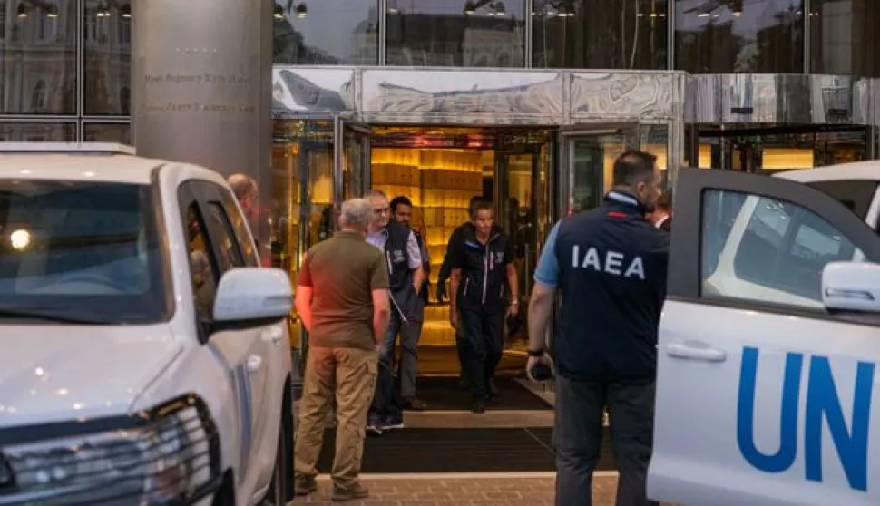 epa10148974 International Atomic Energy Agency (IAEA) Director-General Rafael Mariano Grossi (C) with other IAEA members depart from a hotel in Kyiv as they are expected to visit the Zaporizhzhya Nuclear Power Plant, Ukraine, 31 August 2022. IAEA Director-General Rafael Grossi leads an IAEA expert mission that comprises IAEA nuclear safety, security, and safeguards staff as they set for their official visit in Ukraine to the Zaporizhzhya Nuclear Power Plant (ZNPP). EPA/ROMAN PILIPEY