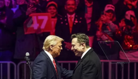 epaselect epa11837518 US President-elect Donald Trump (L) with businessman Elon Musk (R) on stage during a rally at Capital One Arena in Washington, DC, USA, 19 January 2025. President-elect Donald Trump, who defeated Joe Biden to become the 47th president of the United States, will be inaugurated on 20 January, though all of the planned outdoor ceremonies and events have been cancelled due to a forecast of extreme cold temperatures. EPA/WILL OLIVER