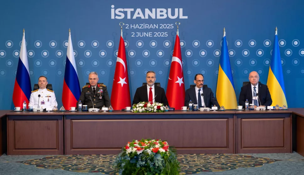 epa12150825 A handout photo made available by the Turkish Foreign Ministry's Press Office shows Turkish Foreign Minister Hakan Fidan (C) presiding over the second round of peace talks between Ukraine and Russia, in Istanbul, Turkey, 02 June 2025. EPA/Murat Gok/Turkish Foreign Ministry HANDOUT HANDOUT EDITORIAL USE ONLY/NO SALES