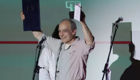 Zagreb, 02.06.2025.- Otvorenje 35. Svjetskog festivala animiranog filma – Animafesta Zagreb, na kojemu će se okupiti gotovo 350 filmova i isto toliko inozemnih gostiju. Na fotografiji dodjela nagrade za Izniman doprinos proučavanju animacije dobio j e Georges Sifianos.foto HINA/ Admir BULJUBAŠIĆ/ abu