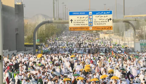 epa11411487 Muslim pilgrims arrive on Mount Arafat during the Hajj 2024 pilgrimage, southeast of Mecca, Saudi Arabia, 15 June 2024. Pilgrims began flocking on the plains of Mount Arafat since early hours of the day to perform one of the most important rituals of the Hajj pilgrimage. Saudi authorities said that over 1.5 million pilgrims arrived in Saudi Arabia for this year's Hajj season. Muslims attending this year's Islamic Hajj pilgrimage will face the challenge of a significant rise in temperatures, which poses a threat to the health of pilgrims, according to the Ministry of Health statement, as the National Center for Meteorology (NCM) expected temperatures to range between 45 and 48 degrees Celsius at the holy sites. EPA/STRINGER
