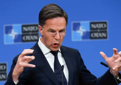 epa12009148 NATO Secretary General Mark Rutte speaks at a press conference after the North Atlantic Treaty Organization (NATO) meeting of NATO Foreign Ministers at NATO's headquarters in Brussels, Belgium, 04 April 2025. EPA/OLIVIER HOSLET