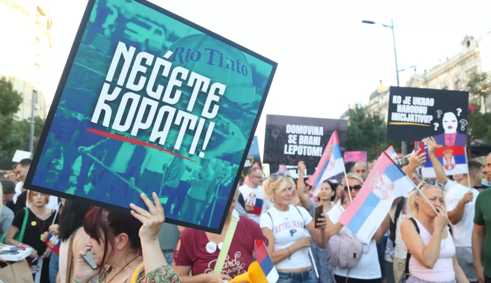 10, August, 2024, Belgrade -A protest against lithium mining and the Rio Tinto company began in Terazije. 10, avgust, 2024, Beograd - Na Terazijama je poceo protest protiv rudarenja litijuma i kompanije Rio Tinto.  Photo: F.S./ATAImages/PIXSELL