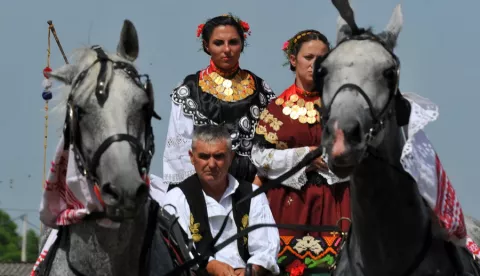 mozaik...babina greda...14.06.2015.35. manifestacija konji bijelci; na pocetku su svatovske zaprege prosle kroz selo, te je odrzano natjecanje u vezanju konjskog repa, sastavljanju seljackih kola, prezanju konja, voznji na paliji i na kraju najatraktivnije - teklicko jahanje....foto gordan panic