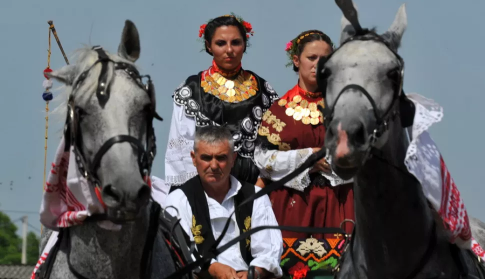 mozaik...babina greda...14.06.2015.35. manifestacija konji bijelci; na pocetku su svatovske zaprege prosle kroz selo, te je odrzano natjecanje u vezanju konjskog repa, sastavljanju seljackih kola, prezanju konja, voznji na paliji i na kraju najatraktivnije - teklicko jahanje....foto gordan panic