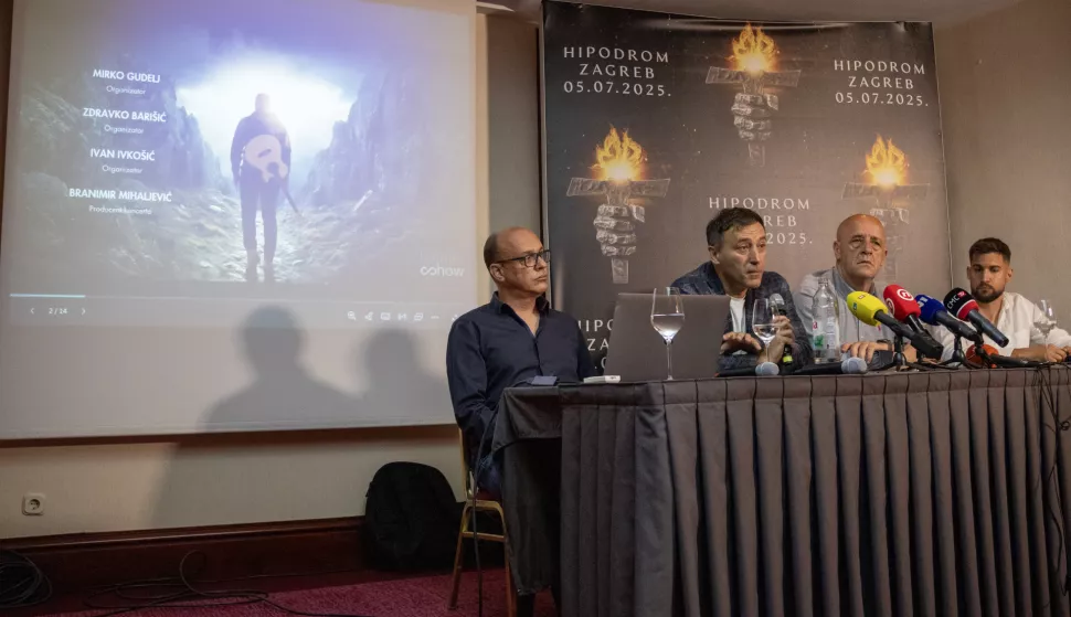 Zagreb, 6.6.2025 - Tiskovna konferencija o koncertu Marka Perkovića Thompsona na Hipodromu. Na slici Branimir Mihaljević, Mirko Gudelj, Zdravko Bari&scaron;ić i Ivan Ivko&scaron;ić.Foto Hina/ Dario GRZELJ/ dag
