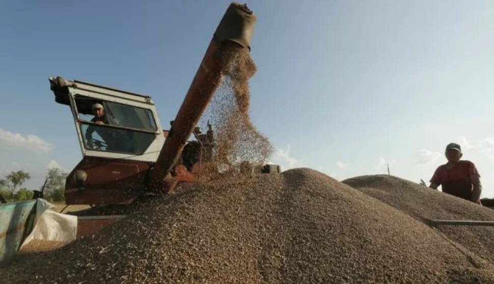 epa10754088 Farmers drop grain from a combined harvester during a harvest near Kyiv, Ukraine, 18 July 2023. A deal brokered by Turkey and the United Nations to ensure the safe export of grain from Ukrainian ports expired on 17 July 2023 and Russia withdrew from the deal allowing Ukraine to safely export grain through the Black Sea. The war in Ukraine, which started when Russia entered the country in February 2022, marked in July its 500th day. According to the UN, since the conflict started, more than 9000 civilians have been killed and more than 6 million others are now refugees worldwide. EPA/SERGEY DOLZHENKO