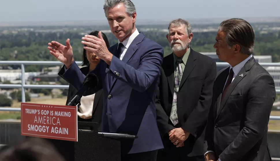 epa12126879 California Governor Gavin Newsom (2-L), Attorney General Rob Bonta (R), CalEPA Secretary Yana Garcia (L) and Dr. John Balmes (2-R), supporters of California's clean air efforts responds to the US Senate's votes to kill California's electric car mandate during a press conference in Sacramento, California, USA, 22 May 2025. Attorney General Rob Bonta announced that California will bring a lawsuit against the Trump Administration. EPA/JOHN G. MABANGLO