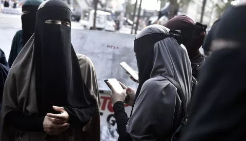 epa06922070 Face covered women protest in Copenhagen, Denmark, 01 August 2018, on the first day of the implementation of the Danish face veil ban. Under the new law, all apparel covering the face is forbidden in public places. This includes wearing burka, niqab, full-face balaclavas, hats, caps, scarves, masks, helmets, full-length suits and artificial beards. EPA/Mads Claus Rasmussen DENMARK OUT
