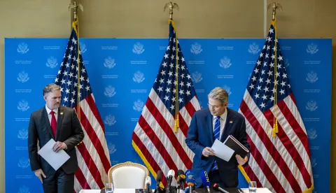 epa12093206 US Trade Representative Jamieson Greer (L) and US Secretary of the Treasury Scott Bessent (R) attend a press conference after two days of closed-door discussions on trade between the United States and China, in Geneva, Switzerland, 12 May 2025. The United States and China announced they agreed to cut tariffs for an initial 90-day period. EPA/JEAN-CHRISTOPHE BOTT