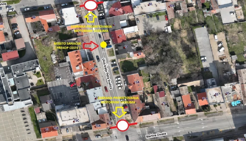 Dana 16. lipnja 2025. (ponedjeljak), s početkom u 07:00 h, djelatnici Društva Vodovod - Osijek d.o.o. započet će hitne i neodgodive radove na sanaciji kanalizacijskog cjevovoda u Ulici kralja Petra Svačića, kod kućnog broja 11. Za potrebe izvođenja predmetnih radova, neophodno je zatvoriti za promet motornim vozilima dio Ulice kralja Petra Svačića, od Ulice Martina Divalta do Frankopanske ulice. Radovi će se odvijati 16. i 17. lipnja (ponedjeljak i utorak). Vozače koji prometuju navedenom lokacijom molimo za pažnju i razumijevanje. 