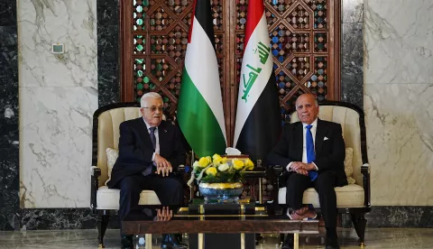 epa12105967 Iraqi Foreign Minister Fuad Hussein (R) welcomes Palestinian President Mahmoud Abbas (L) upon arrival at Baghdad International Airport, Iraq, 16 May 2025, ahead of the 34th Arab League summit. EPA/MURTADHA AL-SUDANI/POOL