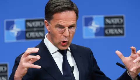 epa12009148 NATO Secretary General Mark Rutte speaks at a press conference after the North Atlantic Treaty Organization (NATO) meeting of NATO Foreign Ministers at NATO's headquarters in Brussels, Belgium, 04 April 2025. EPA/OLIVIER HOSLET