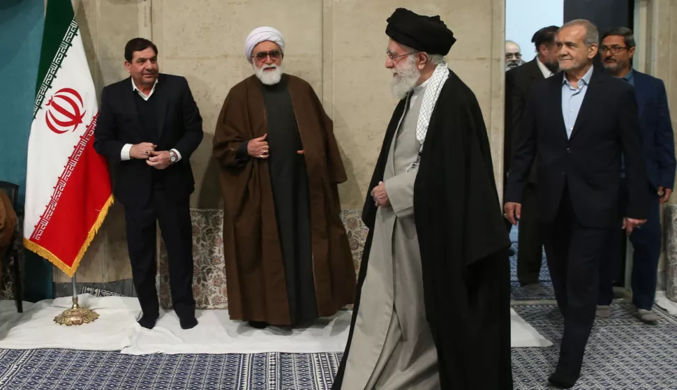 epa11949471 A handout photo made available by the Iranian Supreme Leader Office shows Iranian Supreme Leader Ayatollah Ali Khamenei (C) and Iranian President Masoud Pezeshkian (R) arrive for a meeting with Iranian government officials in Tehran, Iran, 08 March 2025. EPA/IRANIAN SUPREME LEADER OFFICE/HANDOUT HANDOUT EDITORIAL USE ONLY/NO SALES