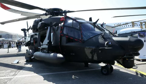 epa12178617 An Airbus NH90 multi-role military helicopter is on display at the Airbus pavilion during the 55th edition of the International Paris Air Show at the Paris-Le Bourget Airport, in Le Bourget, near Paris, France, 16 June 2025. The Paris Air Show, one of the largest trade fairs of the aerospace-industry and air shows in the world, runs from 16 to 22 June. EPA/ALAIN JOCARD/POOL MAXPPP OUT