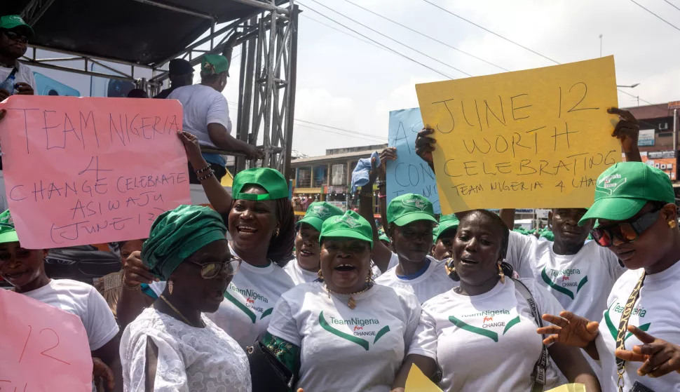 epa12171244 Activists take part in a march to mark Democracy Day in Lagos, Nigeria, 12 June 2025. Each year, Nigeria marks 12 June as Democracy Day, commemorating the restoration of democracy in 1999. EPA/EMMANUEL ADEGBOYE