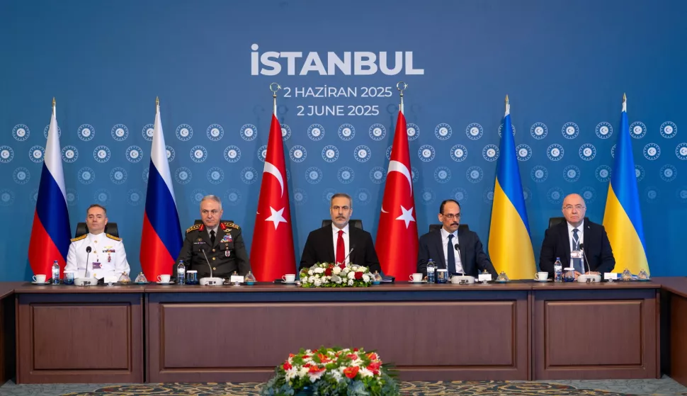 epa12150825 A handout photo made available by the Turkish Foreign Ministry's Press Office shows Turkish Foreign Minister Hakan Fidan (C) presiding over the second round of peace talks between Ukraine and Russia, in Istanbul, Turkey, 02 June 2025. EPA/Murat Gok/Turkish Foreign Ministry HANDOUT HANDOUT EDITORIAL USE ONLY/NO SALES