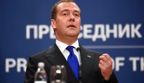 SERBIA-BELGRADE-RUSSIAN PM-VISIT (191020) -- BELGRADE, Oct. 20, 2019 (Xinhua) -- Russian Prime Minister Dmitry Medvedev speaks during a press conference with Serbian President Aleksandar Vucic in Belgrade, Serbia, Oct. 19, 2019. Russia will continue to develop joint energy and infrastructure projects with Serbia, Dmitry Medvedev told reporters here on Saturday, stressing the importance of further deepening bilateral economic ties. (Photo by Predrag Milosavljevic/Xinhua) Predrag Milosavljevic Photo: XINHUA/PIXSELL