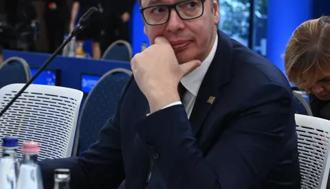 epa11707163 Serbian President Aleksandar Vucic attends a plenary session of the 5th summit of the European Political Community (EPC) held in Puskas Arena in Budapest, Hungary, 07 November 2024 EPA/ZOLTAN MATHE HUNGARY OUT