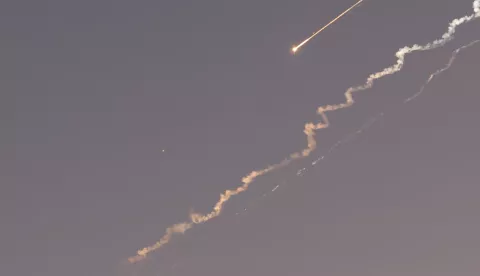 epa12174468 Ballistic missiles and smoke trails from ballistic missiles in the sky above Jerusalem, Israel, 14 June 2025. An Israeli Defense Forces (IDF) spokesperson said Iran launched a wave of ballistic missiles toward Israel, and according to emergency service Magen David Adom (MDA), 41 people were injured, including two in critical condition. EPA/ABIR SULTAN