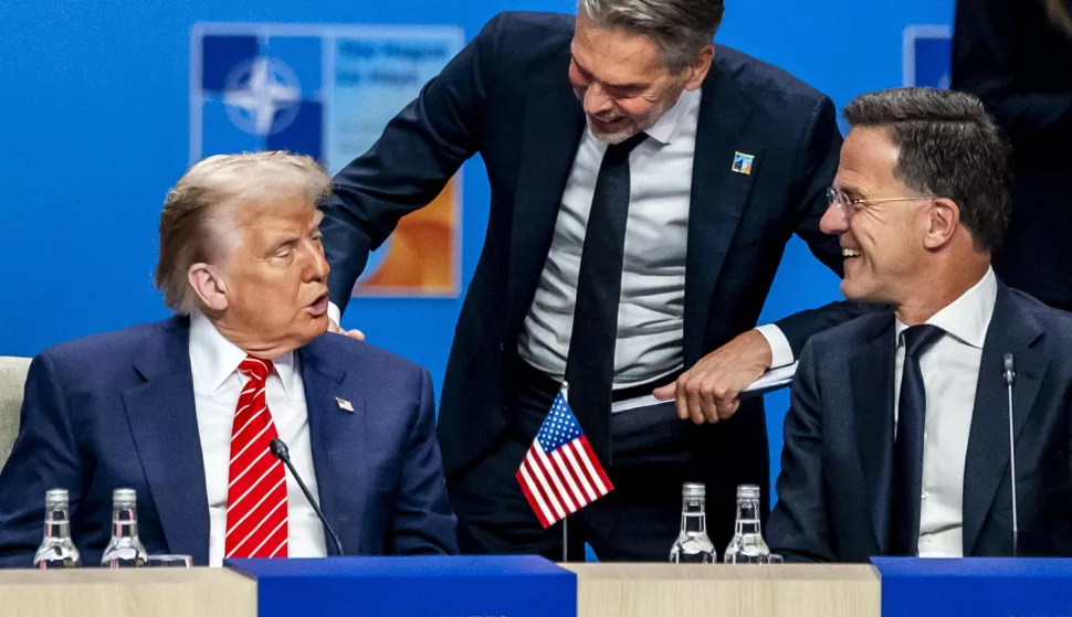 epa12196245 US President Donald J. Trump (L) talks with NATO Secretary General Mark Rutte (R) and outgoing Dutch Prime Minister Dick Schoof (C) at the beginning of the NATO Summit at the World Forum in The Hague, The Netherlands, 25 June 2025. The Netherlands, for the first time in NATO's history of existence, is hosting a NATO summit. EPA/REMKO DE WAAL