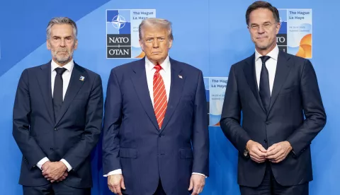 epa12196184 NATO chief Mark Rutte (R), along with outgoing Dutch Prime Minister Dick Schoof (L), welcomes U.S. President Donald Trump (C) to the World Forum for the NATO Summit in The Hague, The Netherlands, 25 June 2025. The Netherlands, for the first time in NATO's history of existence, is hosting a NATO summit. EPA/ROBIN VAN LONKHUIJSEN
