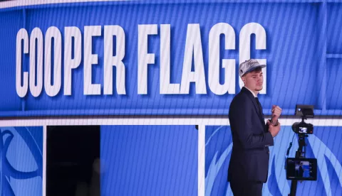 epa12197812 American basketball player Cooper Flagg gets drafted by the Dallas Mavericks during the 2025 NBA Draft at the Barclays Center in the Brooklyn borough of New York, New York, USA, 25 June 2025. EPA/SARAH YENESEL SHUTTERSTOCK OUT