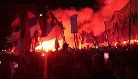 12, April, 2025, Belgrade - On the second day of the three-day rally of the Movement for the People and the State "We Will Not Give Up Serbia!", a rally was held in front of the National Assembly of the Republic of Serbia. 12, april, 2025, Beograd - Drugog dana trodnevnog skupa Pokreta za narod i drzavu "Ne damo Srbiju!" ispred Narodne skupstine Republike Srbije odrzan je miting.  Photo: Antonio Ahel/ATAImages/PIXSELL