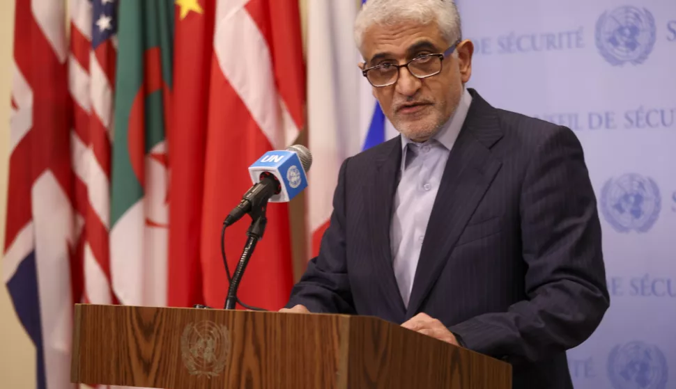 epa12179835 United Nations Ambassador to Iran Amir Saeid Iravani speaks at a press conference, addressing the recent military escalation between Israel and Iran, at United Nations Headquarters in New York, New York, USA, 16 June 2025. EPA/SARAH YENESEL