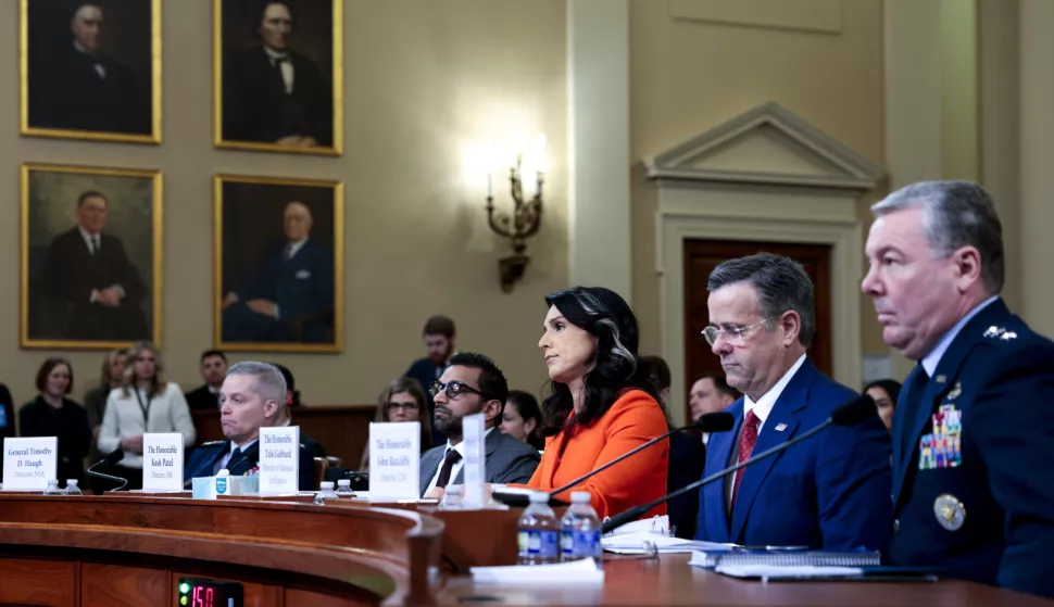 epa11989928 Director of National Intelligence Tulsi&nbsp;Gabbard (C), CIA Director John Ratcliffe (2-R), FBI Director Kash Patel (2-L), Director of the National Security Agency General Timothy Haugh (L) and Director of the Defense Intelligence Agency Lieutenant General Jeffrey Kruse (R) listen to remarks during the House Intelligence Committee hearing on 'The Annual Worldwide Threats Assessment' on Capitol Hill in Washington, DC, USA, 26 March 2025. Democratic members of the House Intelligence Committee questioned the Intelligence heads on why the planning of a US airstrike in Yemen was discussed on a Signal app text chain and why it included The Atlantic's editor-in-chief. EPA/SHAWN THEW