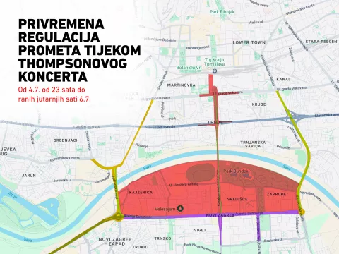Infografika prikazuje kako će funkcionirati promet u Zagrebu tijekom koncerta Marka Perkovića Thompsona na zagrebačkom Hipodromu. Zbog toga se uvodi fazno zatvaranje prometa. Crvenom je označena prva faza koja kreće u petak, 4. srpnja, u kasnim večernjim satima, između 22 i 23 sata. Zatvaraju se kvartovi oko Hipodroma, uključujući Kajzericu, dio Zapruđa i područje Bundeka, kroz koje će prolaziti veliki broj pješaka prema Hipodromu. Zatvaranje će trajati do nedjelje ujutro. Ljubičastom je označena druga faza koja je predviđena za subotu, a uključuje zatvaranje Avenije Dubrovnik, Ulice SR Njemačke i okolnih prometnica. Treća faza je označena žutom bojom i ona je opcionalna. Obuhvaća najširu zonu, uključujući i zatvaranje izlaza sa zagrebačke obilaznice na čvoru Lučko. Photo: Mladen Bradvica/PIXSELL
