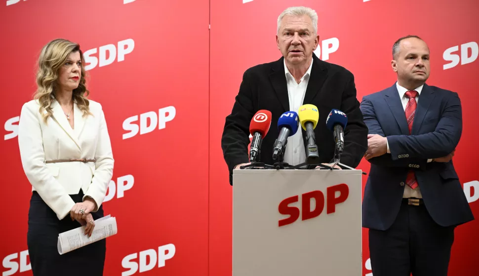 22.05.2025., Zagreb - SDP konferencija za medije, predsjednik SDP-a Sinisa Hajdas Doncic, Biljana Borzan, Misel Jaksic, Ranko Ostojic. Photo: Marko Lukunic/PIXSELL