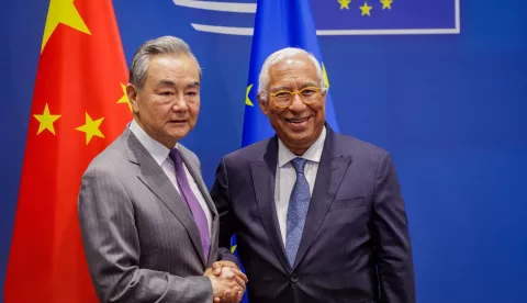 epa12209652 EU Council President Antonio Costa (R) welcomes Chinese Foreign Minister Wang Yi (L) during his visit to the EU institutions in Brussels, Belgium, 02 July 2025. EPA/OLIVIER MATTHYS