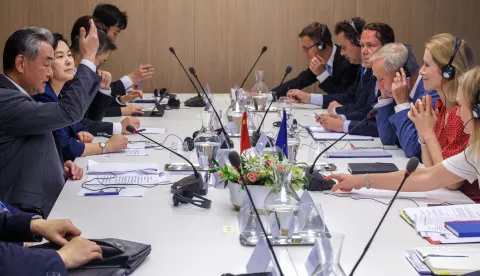 epa12210378 European Union's High Representative for Foreign Affairs and Security Policy, Kaja Kallas (2-R) attends a meeting with Chinese Foreign Minister Wang Yi (L) during his visit to the EU institutions in Brussels, Belgium, 02 July 2025. EPA/OLIVIER MATTHYS