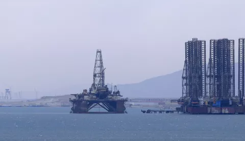 epa06945532 (FILE) - Oil platforms on the Caspian Sea in Baku, Azerbaijan, 28 June 2015 (reissued 12 August 2018). The leaders of five countries bordering the Caspian Sea - Caspian Five Russia, Iran, Kazakhstan, Azerbaijan and Turkmenistan - plan tosign the Convention of the legal status of the Caspian Sea at the Aktau summit on 12 August. It is expected to clarify the resources-rich Caspian Sea's status of whether being a lake or a sea, and ban non-littoral states from mliitary presence in the world's largest enclosed inland body of water. EPA/ROBERT GHEMENT *** Local Caption *** 52029286