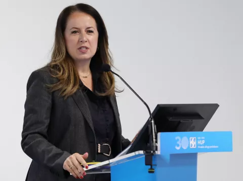 Zagreb, 09.05.2023. - HUP Udruga profesionalaca za fondove EU (HUP EUPRO) organizirala je konferenciju "Izazovi i prilike novog razdoblja EU fondova". Na fotografiji Irena Weber. foto HINA/ Lana SLIVAR DOMINIĆ/ lsd 