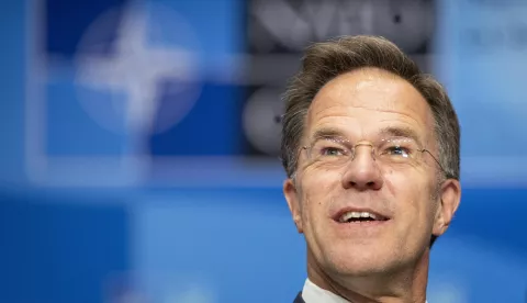 epa12192631 NATO Secretary General Mark Rutte looks on as he tours the World Forum ahead of the NATO summit, in The Hague, the Netherlands, 23 June 2025. The Netherlands will host the NATO Summit at the World Forum in The Hague on 24 and 25 June, the first such summit to be held in the country. EPA/ROBIN VAN LONKHUIJSEN