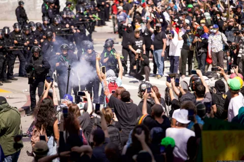 Law enforcement confronts demonstrators during a protest in Los Angeles, California, on June 8, 2025, following federal immigration operations. Clashes erupted between U.S. Border Patrol and demonstrators after Immigration and Customs Enforcement (ICE) raided a Home Depot. In response, U.S. President Donald Trump deployed 2,000 troops to the area the same day—a move California's governor denounced as "purposefully inflammatory." Photo by Sahab Zaribaf/Middle East Images/ABACAPRESS.COM Photo: Middle East Images/ABACA/ABACA