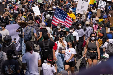 A large crowd fills the streets during an anti-ICE protest in downtown Los Angeles, California, on June 8, 2025. The protest erupted after a wave of federal immigration raids began on June 7, with National Guard troops deployed to the city despite objections from local officials. Demonstrators called for an end to deportations and the dismantling of ICE. Photo by Sahab Zaribaf/Middle East Images/ABACAPRESS.COM Photo: Middle East Images/ABACA/ABACA