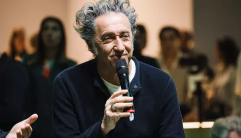 Milan, Paolo Sorrentino's talk for the presentation of his installation La Dolce Attesa at the Salone Internazionale del Mobile during the Milan Design Week 2025 at Rho Fiera Milano. In the photo: Paolo Sorrentino (Oscar-winning director) (Photo by Alessandro Bremec/ipa-agency.net/IPA/Sipa USA) Photo: IPA/SIPA USA