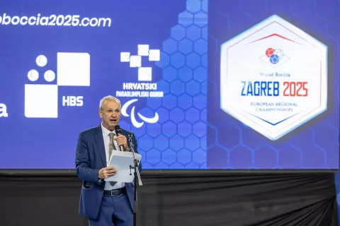 Zagreb, 9.7.2025 - Svečano otvaranje Europskog prvenstva u bocciji. U Zagrebu će nastupiti više od 120 natjecatelja iz 22 zemlje, a bit će to najveće natjecanje ikada organizirano u Hrvatskoj u ovom paraolimpijskom sportu. Na slici Ratko Kovačić.Foto Hina/ Dario GRZELJ/ dag