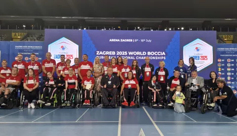 Zagreb, 9.7.2025 - Sve?ano otvaranje Europskog prvenstva u bocciji. U Zagrebu ?e nastupiti vi?e od 120 natjecatelja iz 22 zemlje, a bit ?e to najve?e natjecanje ikada organizirano u Hrvatskoj u ovom paraolimpijskom sportu. Na slici hrvatska reprezentacija. Foto Hina/ Denis Lugari?/ ua