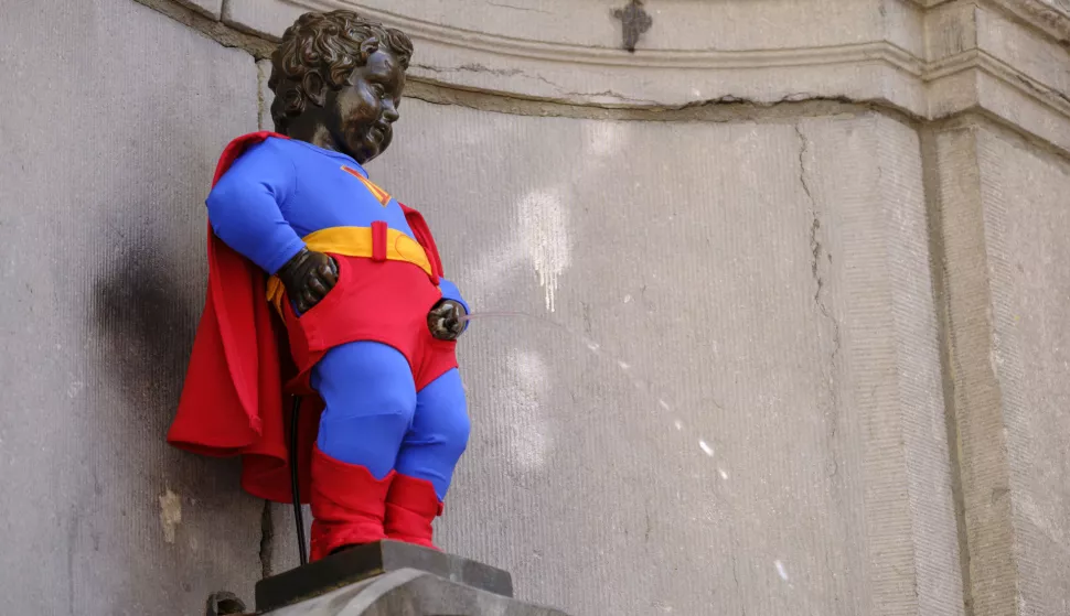 The Manneken Pis wearing a Superman costume, to coincide with the release of James Gunn's eponymous blockbuster is seen on July 9, 2025 in Brussels, Belgium. - Photo by Monasse T/ANDBZ/ABACAPRESS.COM Photo: Monasse Thierry/ANDBZ/ABACA/ABACA