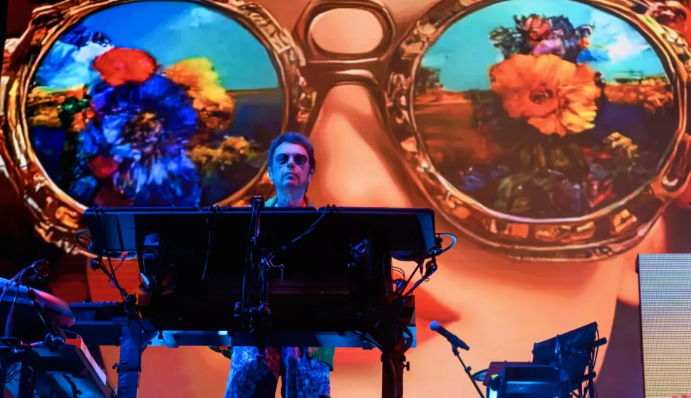 epa12225724 French composer and performer of electronic music Jean Michel Jarre performs on stage during the Iconica Sevilla Fest in Sevilla, Spain, 08 July 2025. EPA/RAUL CARO