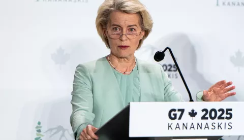 epa12178162 President of the European Commission Ursula von der Leyen speaks during a press conference during the G7 Leaders' Summit in Kananaskis, Alberta, Canada, 15 June 2025. World leaders are expected to gather in Kananaskis, Alberta from June 15 to 17 for the G7 Summit. EPA/SPENCER COLBY