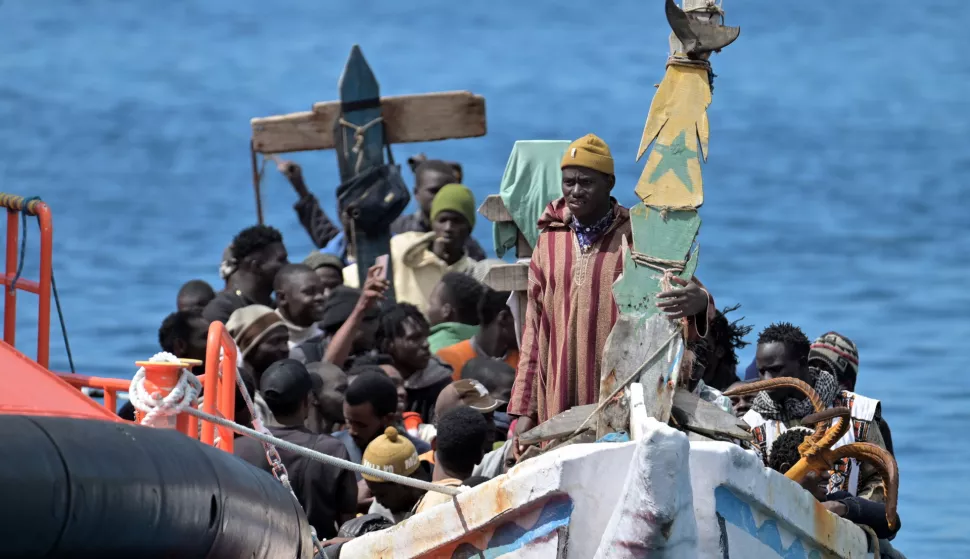 epa11949008 Migrants arrive at La Restinga port, El Hierro, Canary Islands, Spain, 08 March 2025, after being rescued by Salvamento Maritimo. EPA/GELMERT FINOL