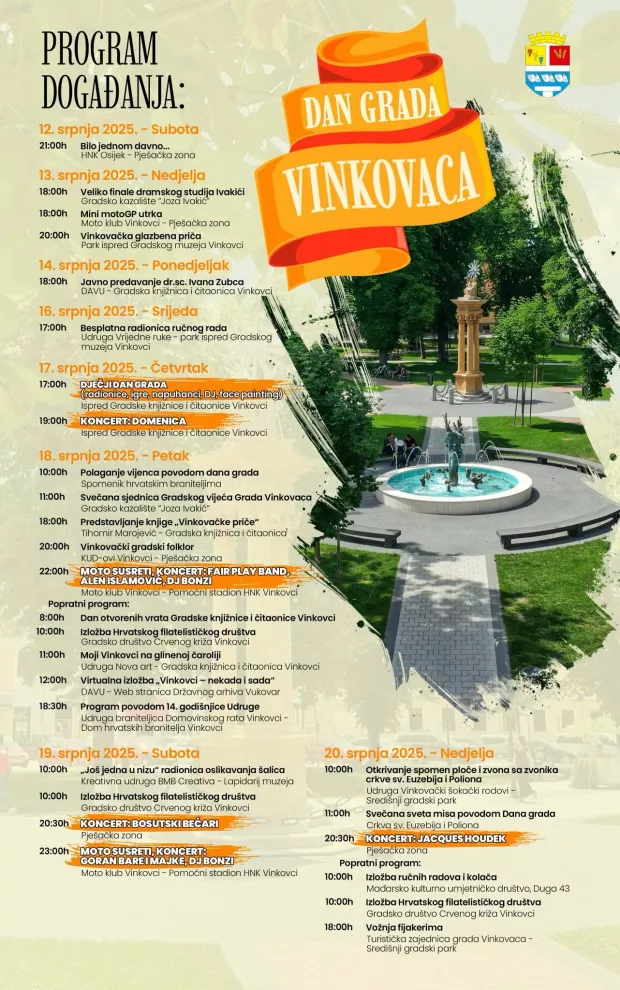 VINKOVCIGrad Vinkovci je, uz udruge, dru&scaron;tva i institucije, priredio raznovrstan i bogat osmodnevni program za nadolazeći Dan grada Vinkovaca i blagdan za&scaron;titnika, sv. Ilije, koji je predstavljen u sredi&scaron;njem vinkovačkom parku, na Trgu bana &Scaron;okčevića.2025.