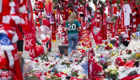 epa12228942 Tributes to soccer player Diogo Jota at Anfield, the home of Liverpool FC in Liverpool, Britain 10 July 2025. Jota died in a car accident in Spain together with his brother Andre Silva on 03 July 2025. EPA/PETER POWELL.